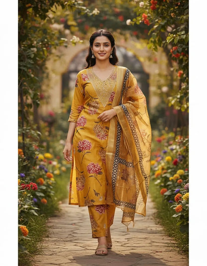 Mustard Yellow Cotton Blend Printed Suit Set