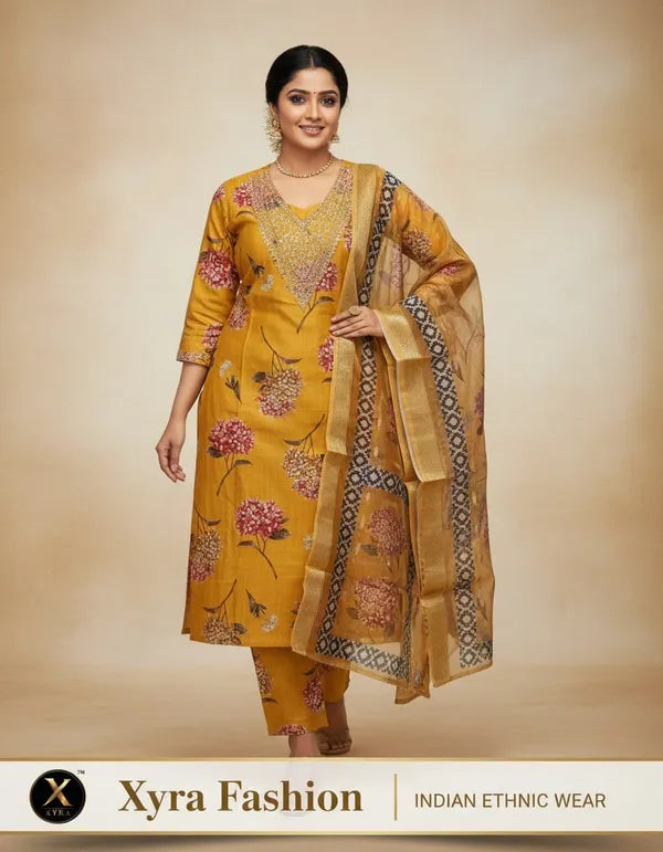 Mustard Yellow Cotton Blend Printed Suit Set