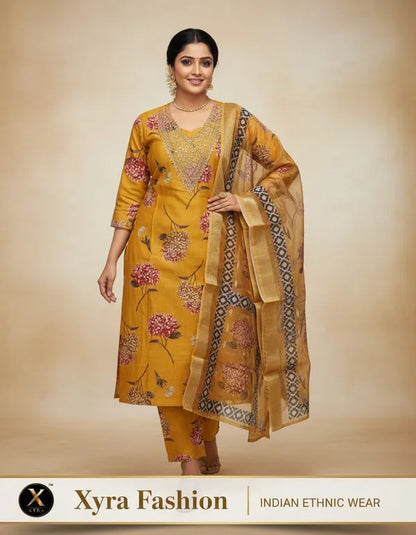 Mustard Yellow Cotton Blend Printed Suit Set