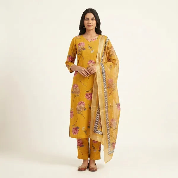 Mustard Yellow Cotton Blend Printed Suit Set