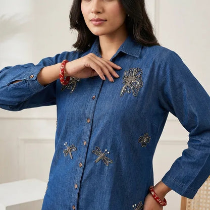 Royal Blue Denim Embellished Co-ord Set