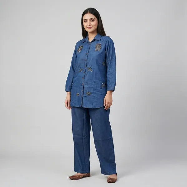 Royal Blue Denim Embellished Co-ord Set