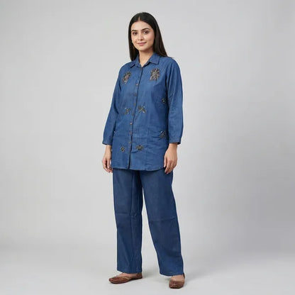 Royal Blue Denim Embellished Co-ord Set