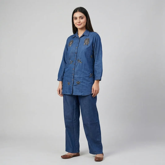 Royal Blue Denim Embellished Co-ord Set