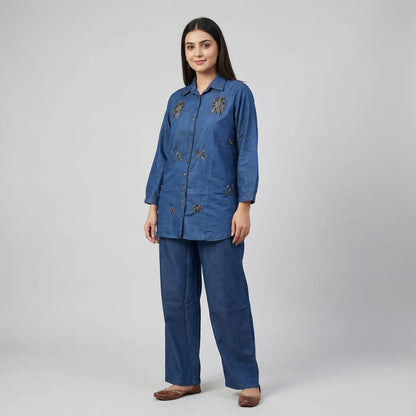 Royal Blue Denim Embellished Co-ord Set