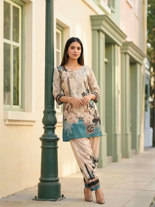Off White Silk Printed Co Ord Set