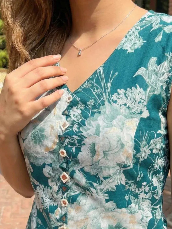 Blue Rayon Printed Kurti Set