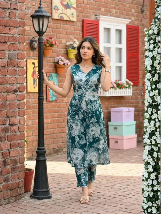 Blue Rayon Printed Kurti Set