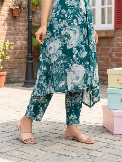Blue Rayon Printed Kurti Set