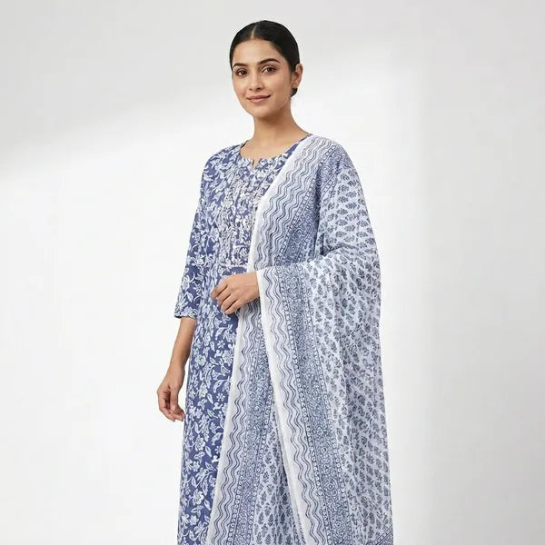 Blue And White Cotton Printed Suit Se