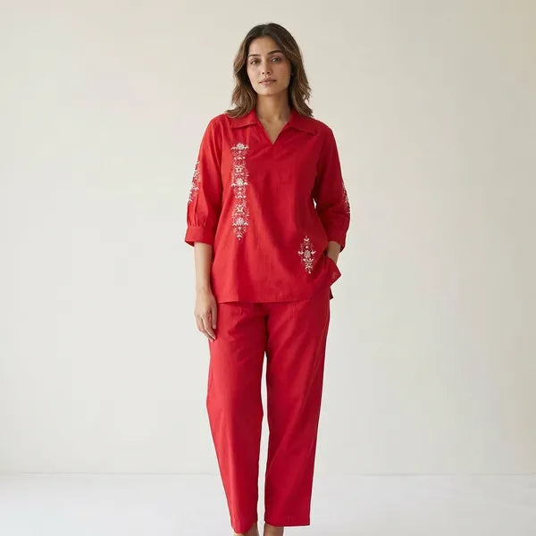 Red Silk Blend Embroidered Coord Set