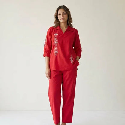 Red Silk Blend Embroidered Coord Set