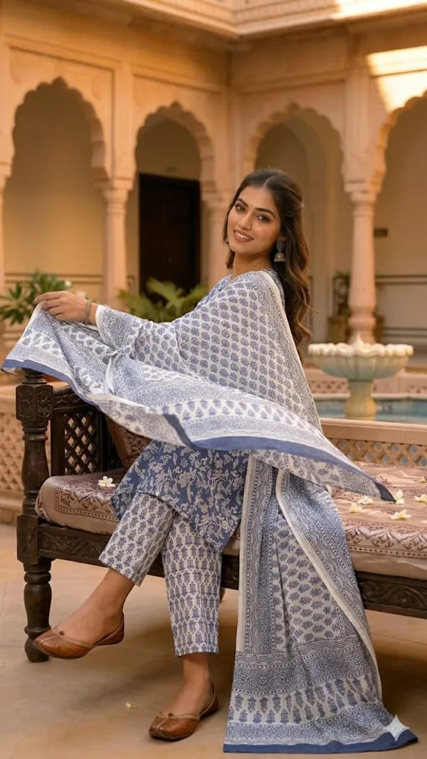 Blue And White Cotton Printed Suit Se