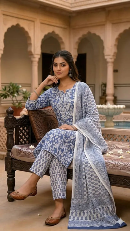 Blue And White Cotton Printed Suit Se