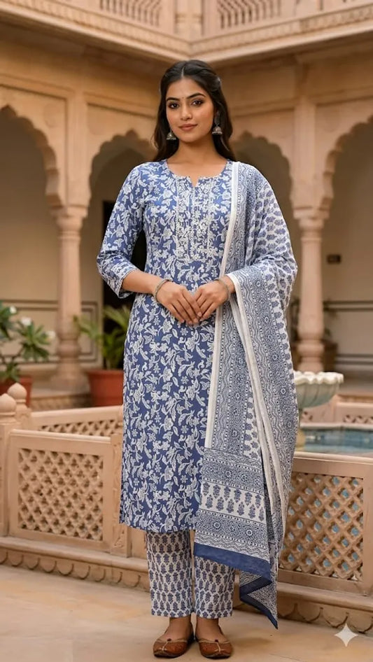 Blue And White Cotton Printed Suit Se