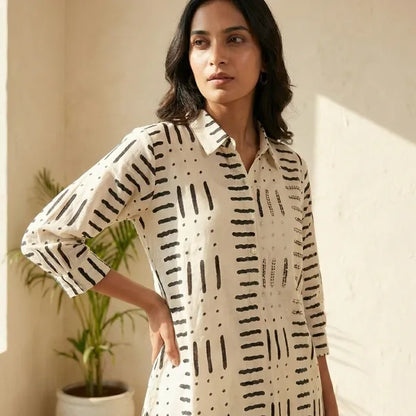 White And Black Cotton Blend Printed Kurti Set